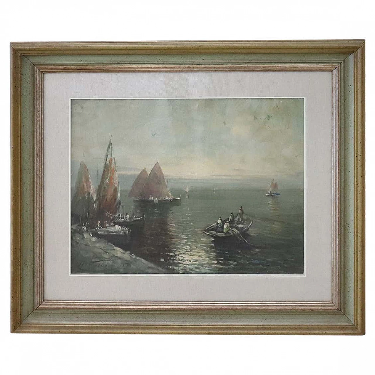 Oil painting on canvas marine with fishermen, 40s 1327902