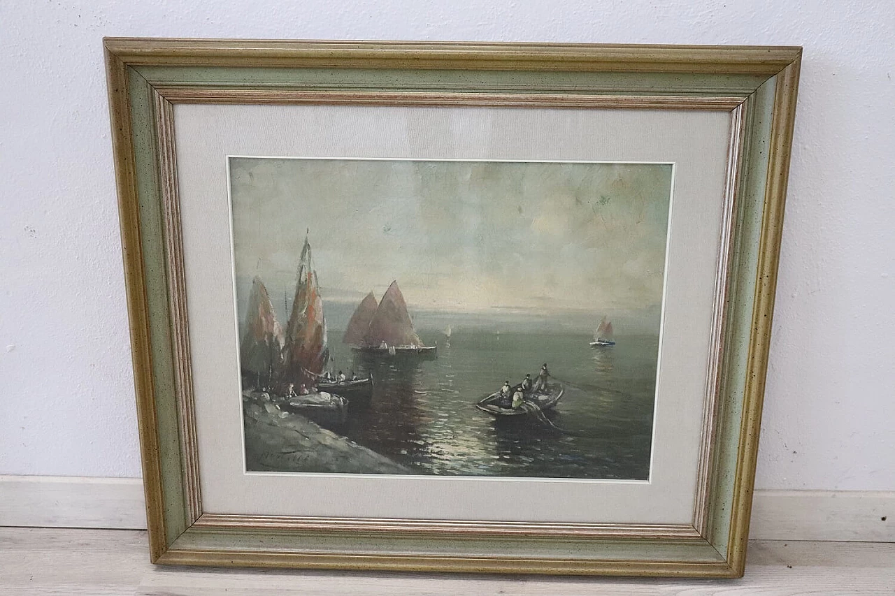Oil painting on canvas marine with fishermen, 40s 1327910