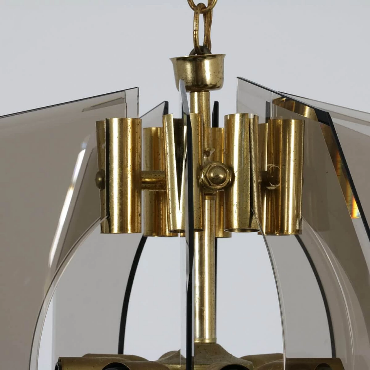 Lampadario in ottone, vetro e alluminio anodizzato di Gino Paroldo, anni '60 1329644