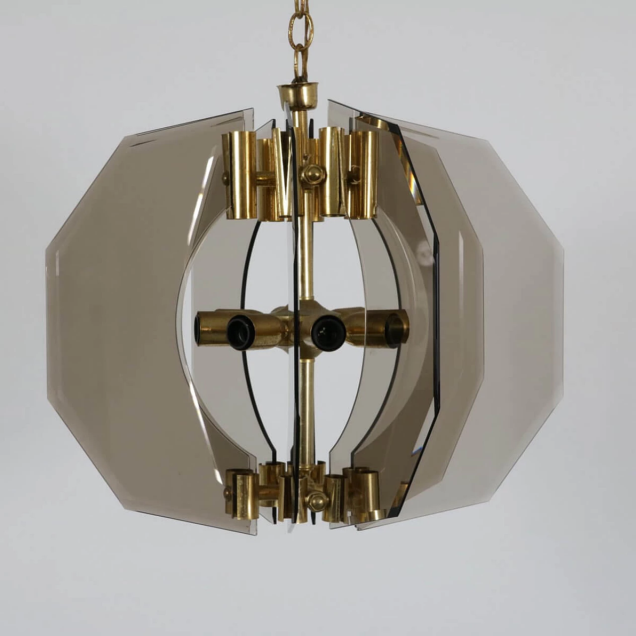 Lampadario in ottone, vetro e alluminio anodizzato di Gino Paroldo, anni '60 1329646