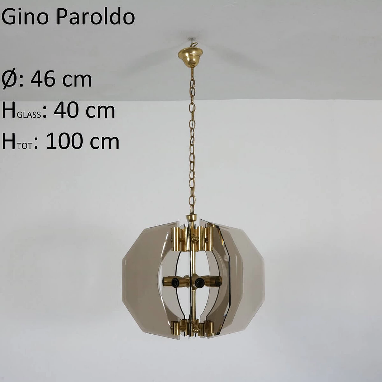 Lampadario in ottone, vetro e alluminio anodizzato di Gino Paroldo, anni '60 1329653