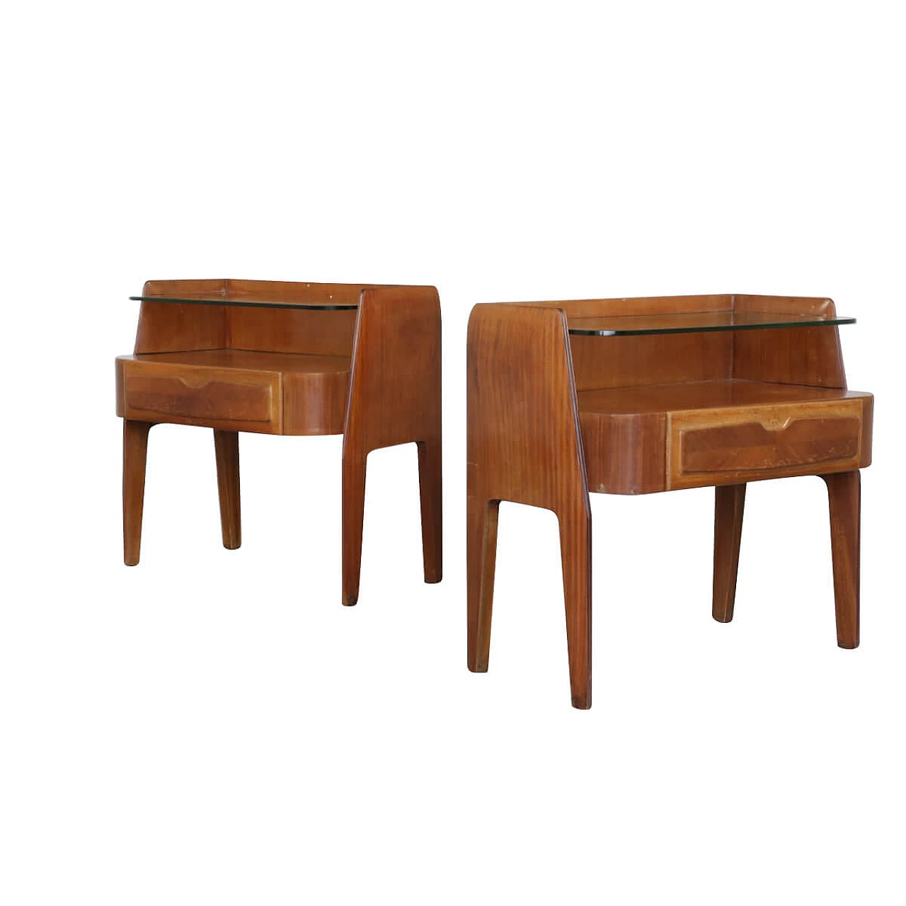Coppia di comodini in legno con mensola in vetro, anni '50 1330009