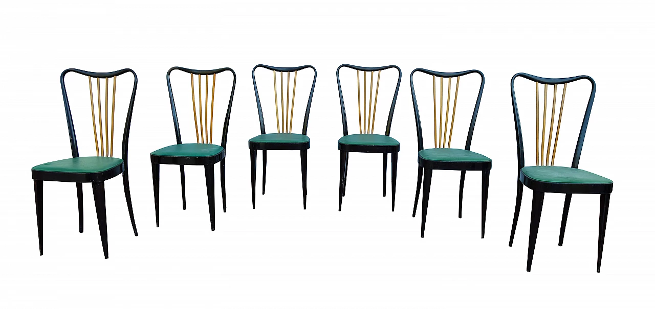 6 Anthracite chairs with light-coloured slats and green skai, 1960s 1330406