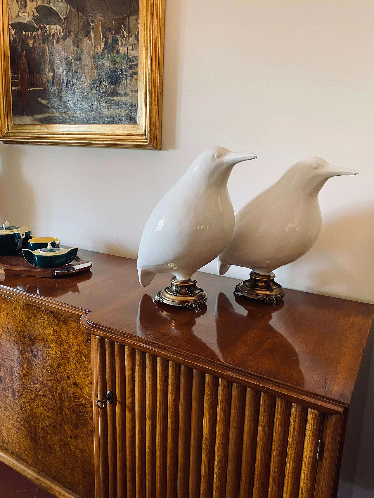 Pair of large ceramic and brass bird sculptures, early 20th century 1330610