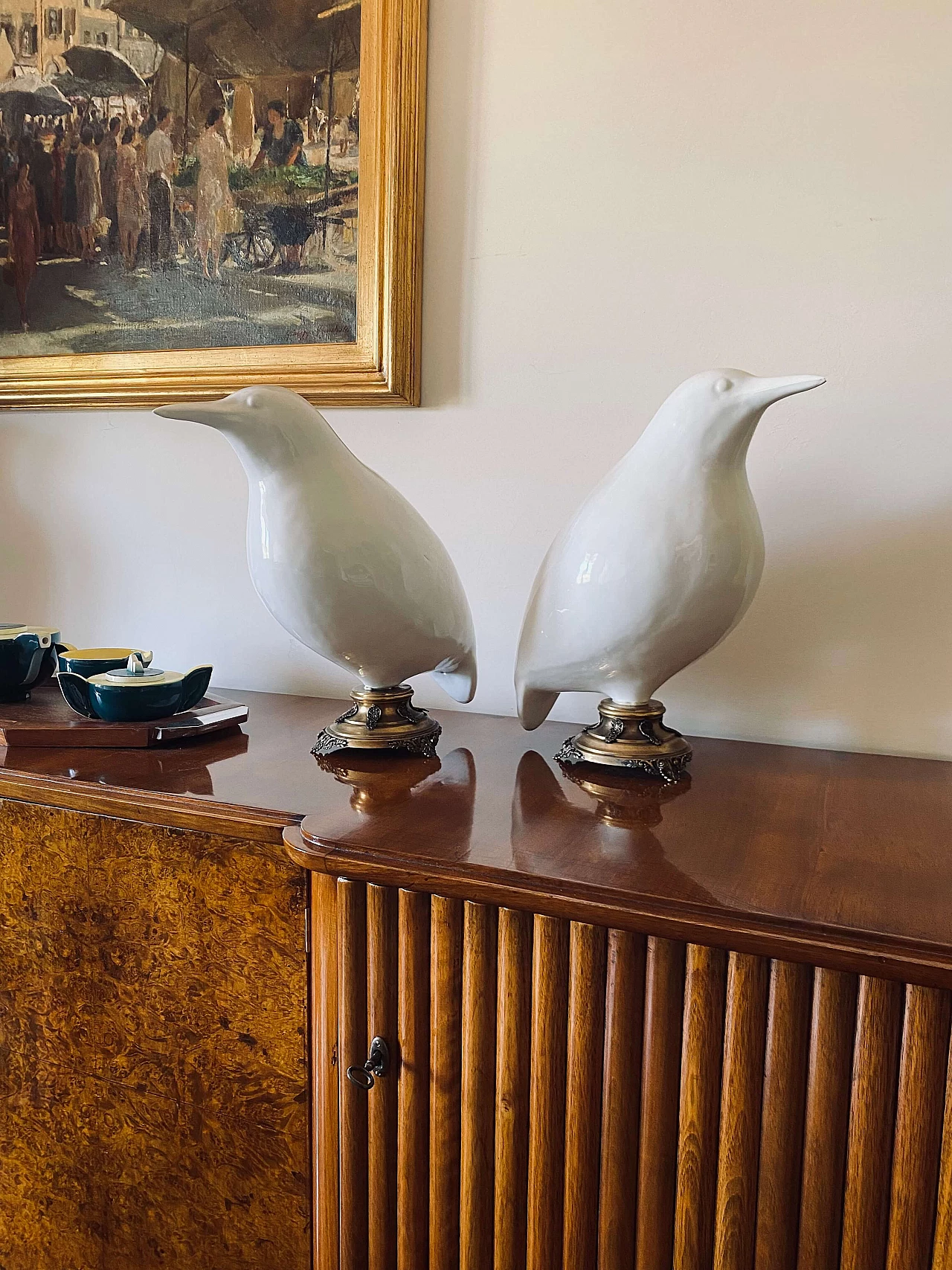 Pair of large ceramic and brass bird sculptures, early 20th century 1330611