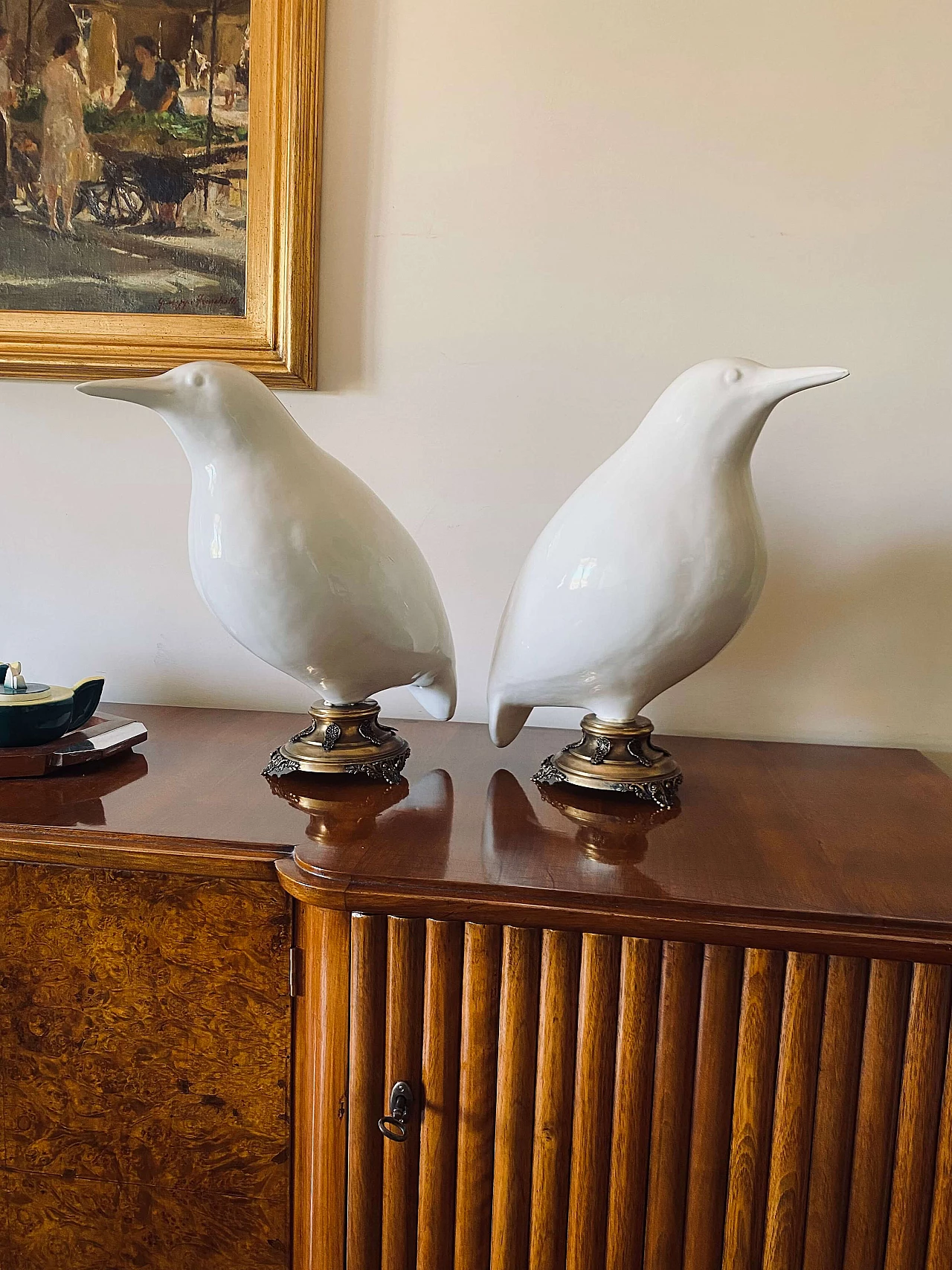 Pair of large ceramic and brass bird sculptures, early 20th century 1330612