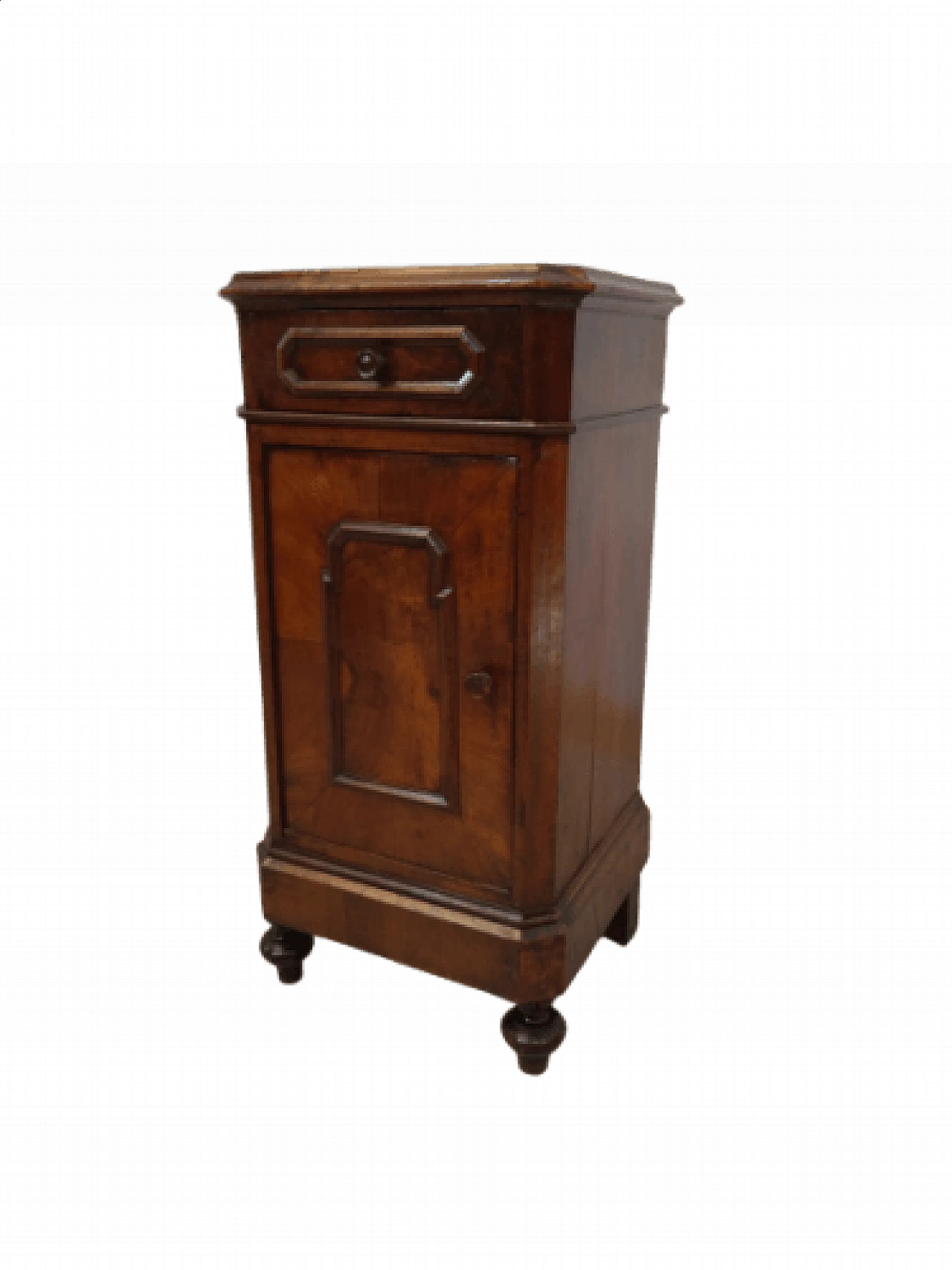 Comodino umbertino in noce e radica di noce, fine '800 1331441