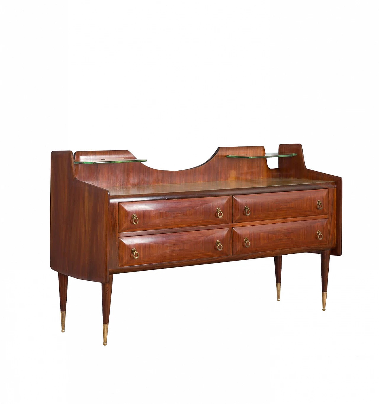Sideboard in walnut and brass with glass top in the style of Paolo Buffa, 50s 1332335