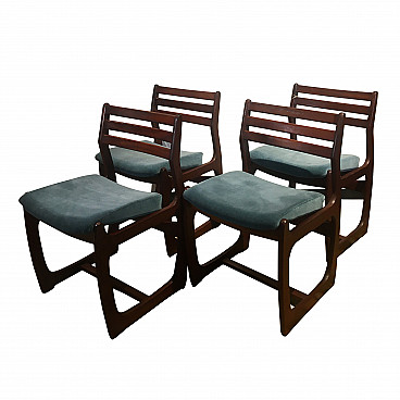 4 English teak and velvet chairs, 1950s
