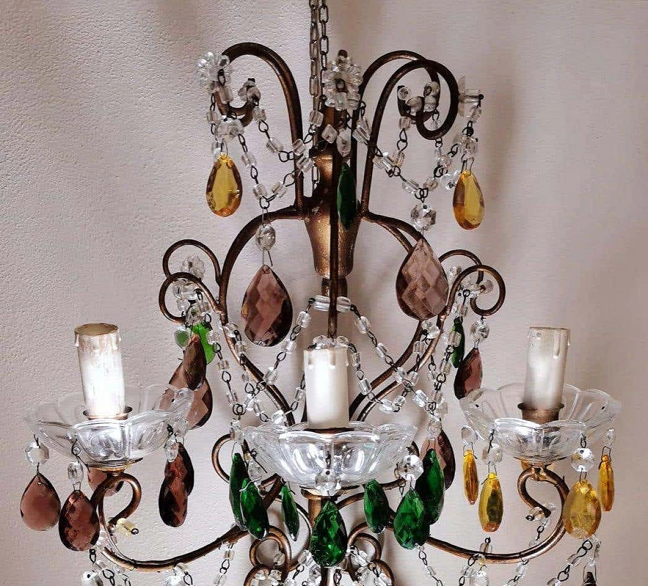 Wall sconces in gilded iron with ground and faceted colored crystal drops, 40s 1332933
