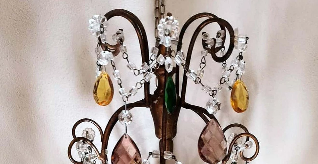 Wall sconces in gilded iron with ground and faceted colored crystal drops, 40s 1332938