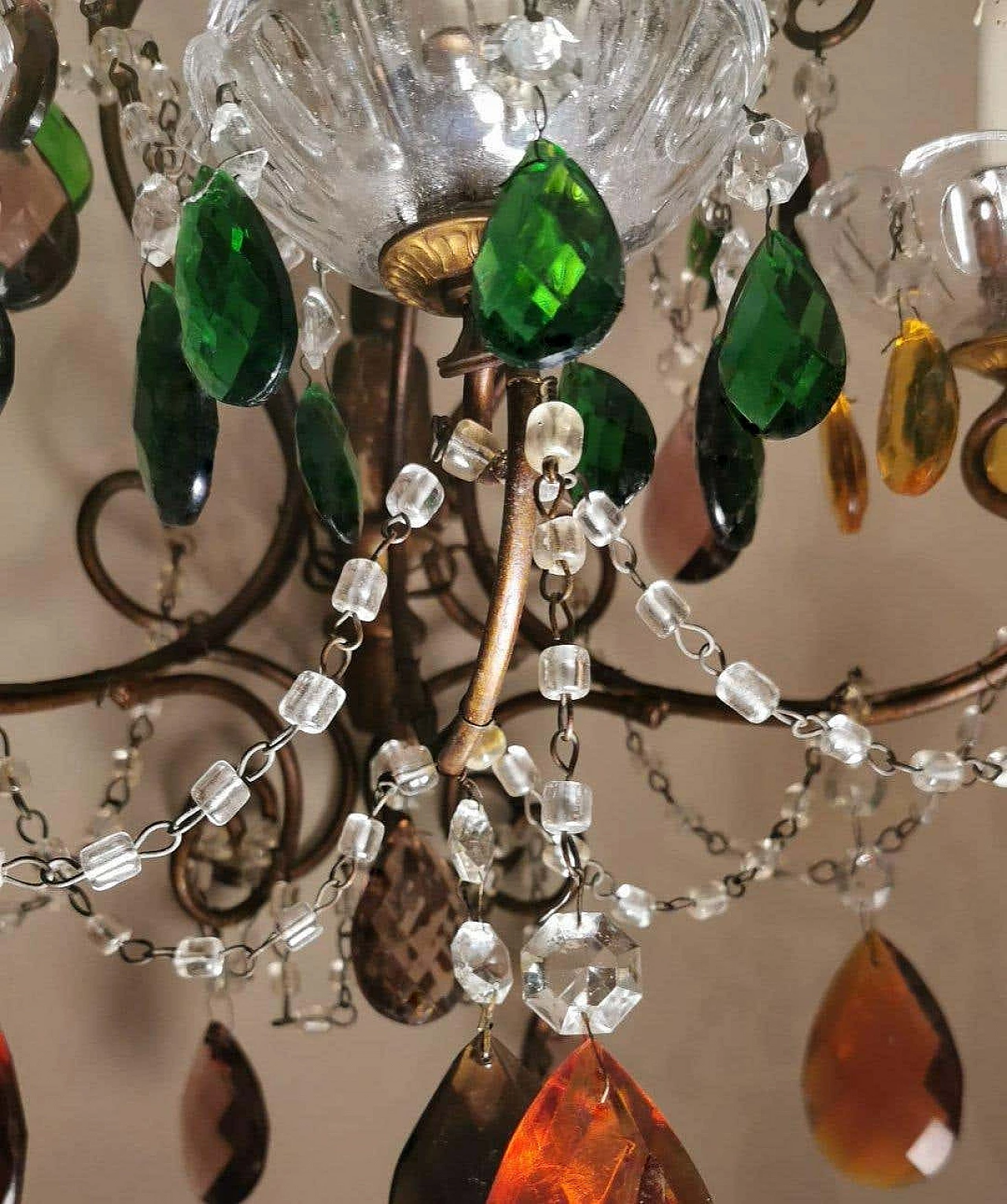 Wall sconces in gilded iron with ground and faceted colored crystal drops, 40s 1332941