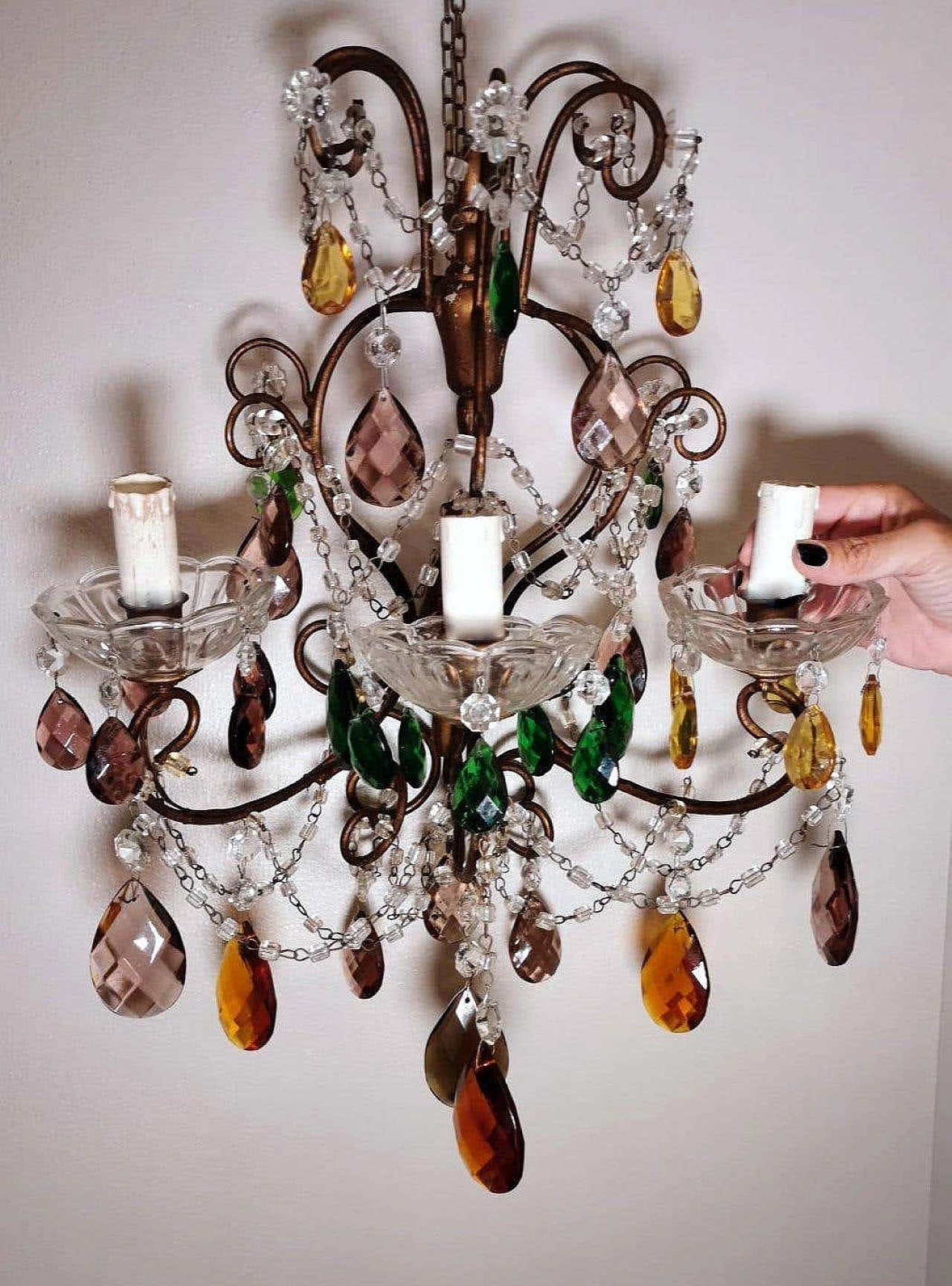 Wall sconces in gilded iron with ground and faceted colored crystal drops, 40s 1332944
