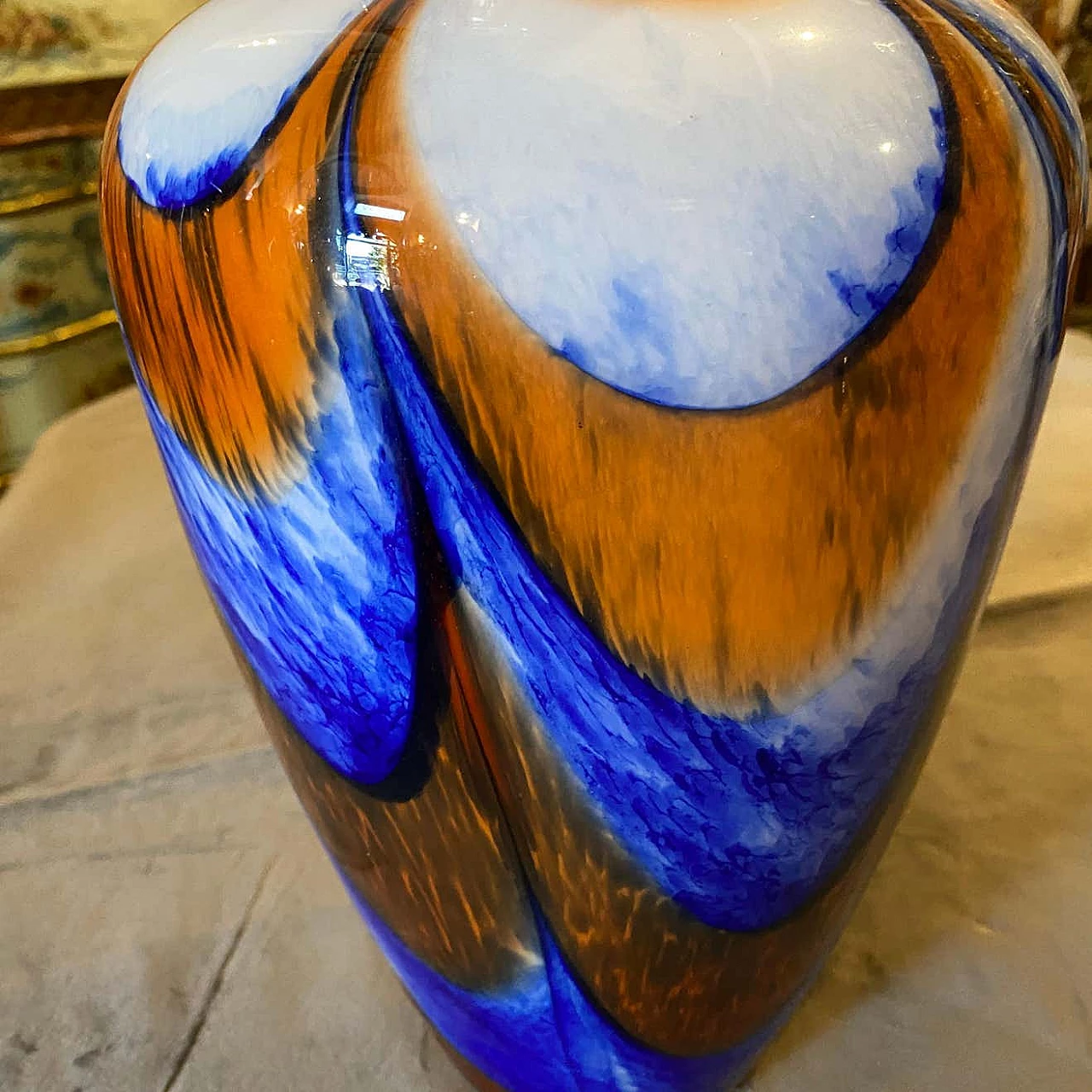 Vaso in vetro di Murano arancione e blu di Carlo Moretti, anni '70 1333148