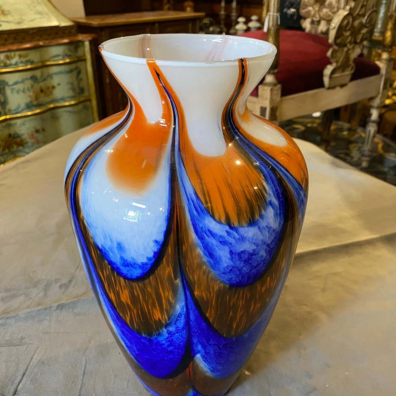 Vaso in vetro di Murano arancione e blu di Carlo Moretti, anni '70 1333154