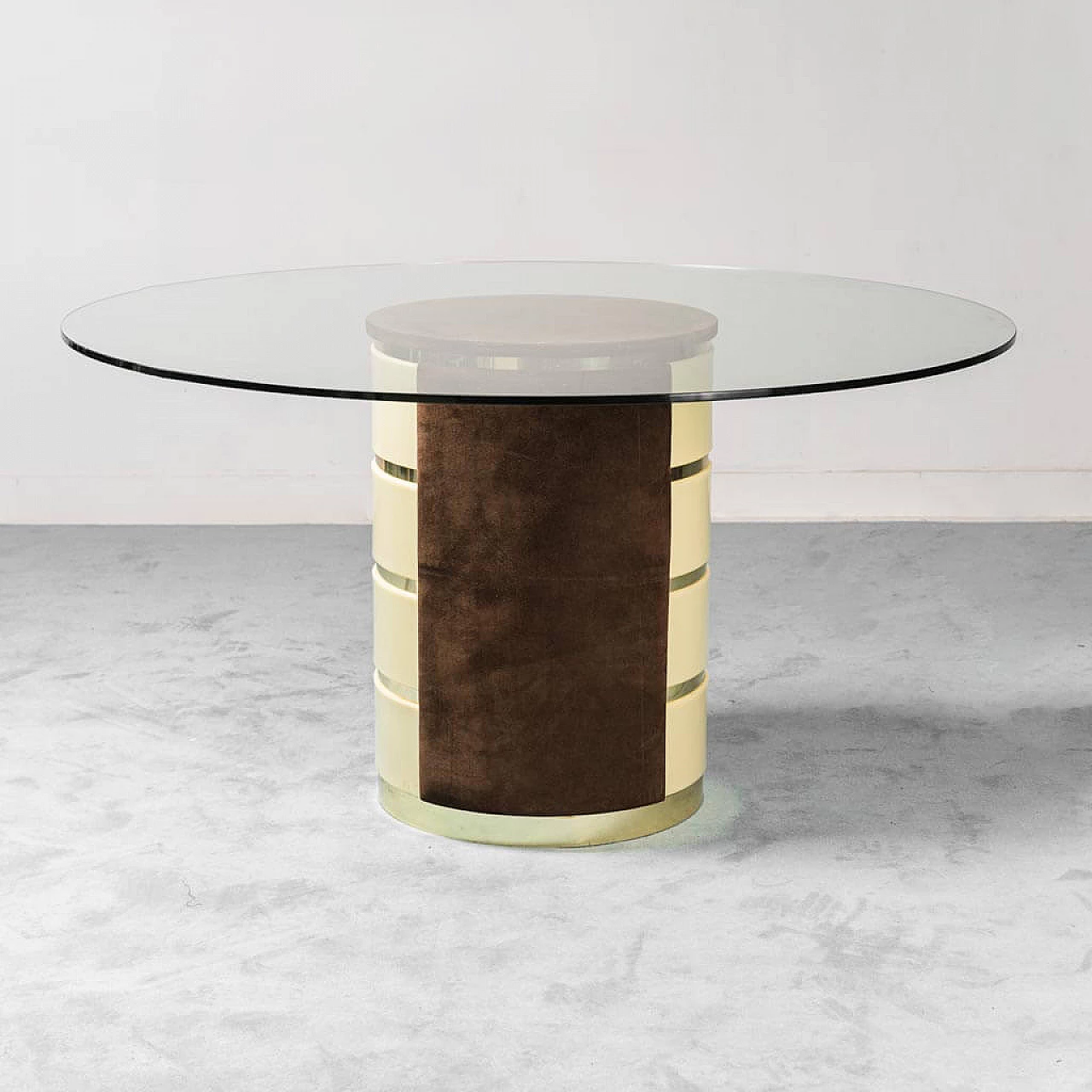 Tavolo con base in cristallo e 4 sedie con tessuto scamosciato, anni '70 1333325