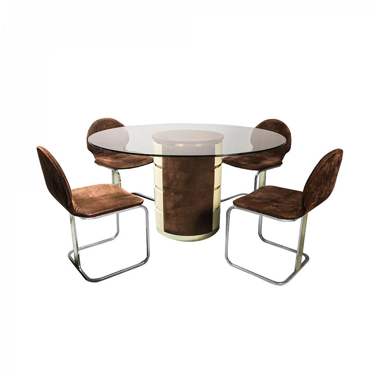 Tavolo con base in cristallo e 4 sedie con tessuto scamosciato, anni '70 1333928