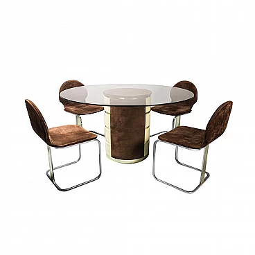 Tavolo con base in cristallo e 4 sedie con tessuto scamosciato, anni '70