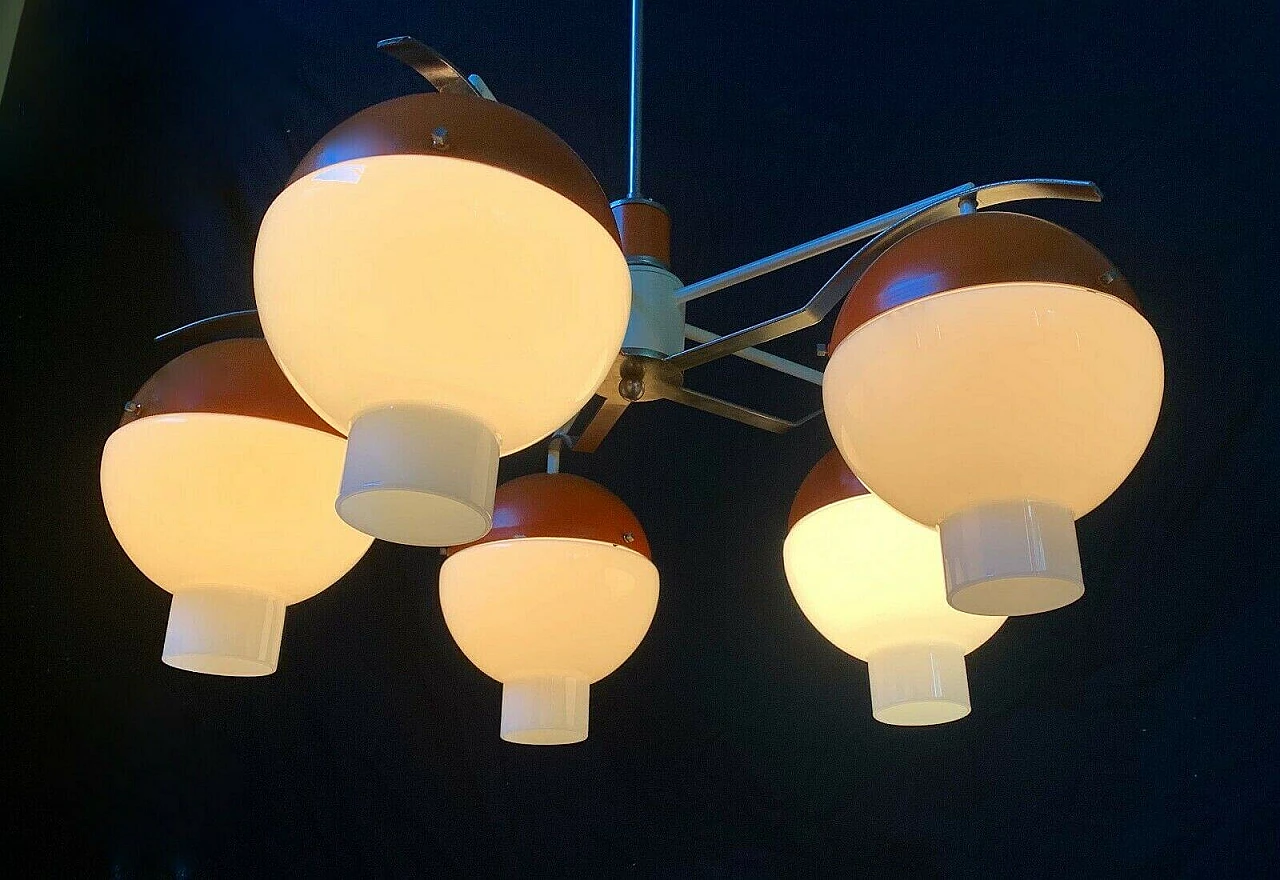 Chandelier with spheres in Murano glass and metal attributable to Stilnovo, 60s 1335143