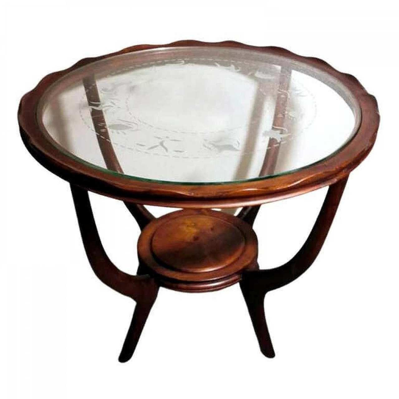 Art Deco coffee table in cherry wood and glass engraved with zodiac signs in the style of Paolo Buffa, 50s 1336370