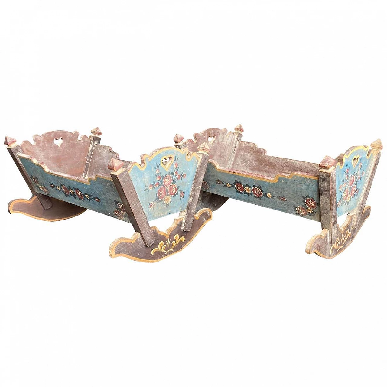 Coppia di culle giocattolo siciliane Art Nouveau dipinte a mano in legno, anni '10 1336694