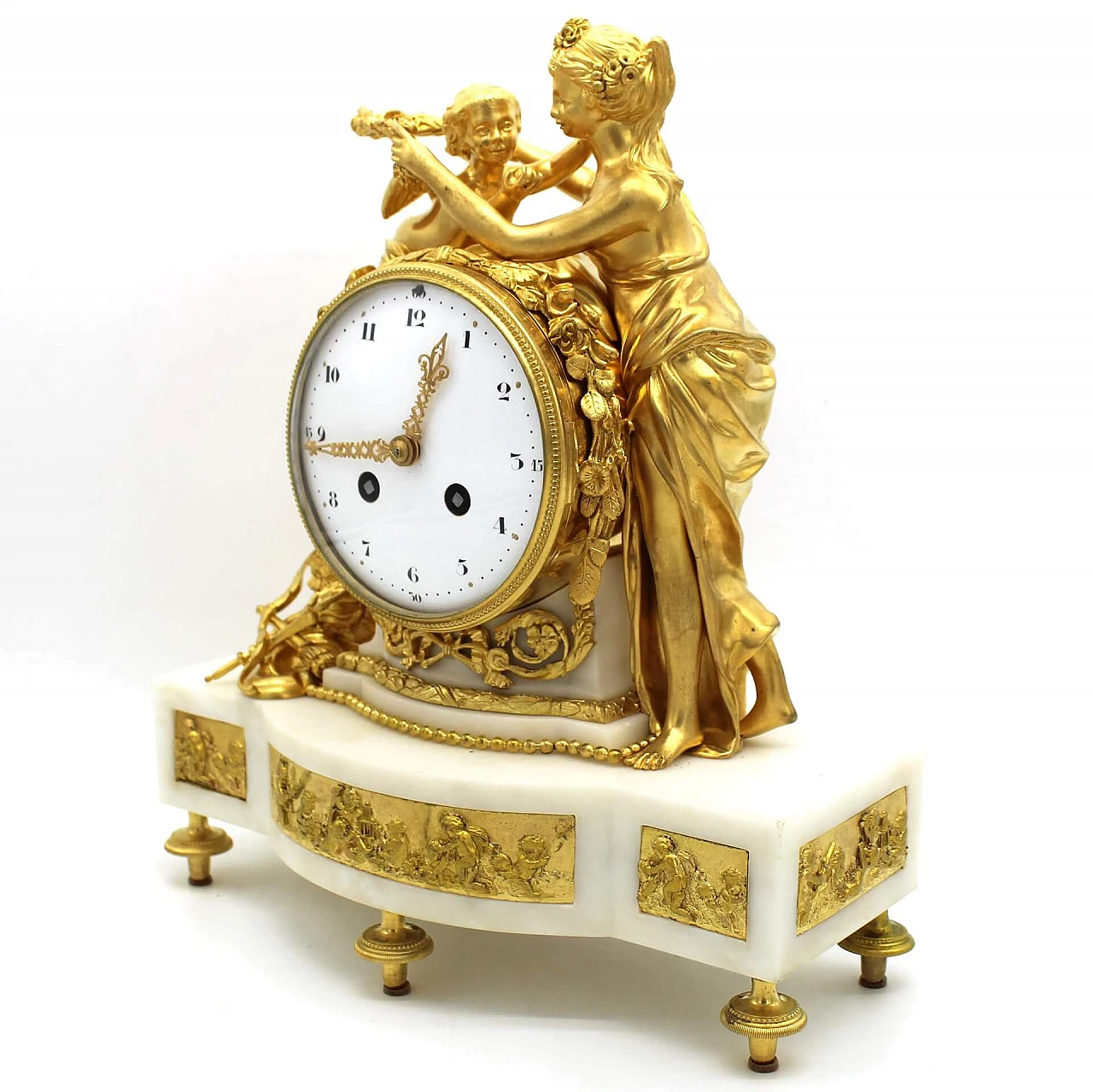 Orologio a pendolo Napoleone III in bronzo dorato e marmo bianco di Carrara, '800 1336756