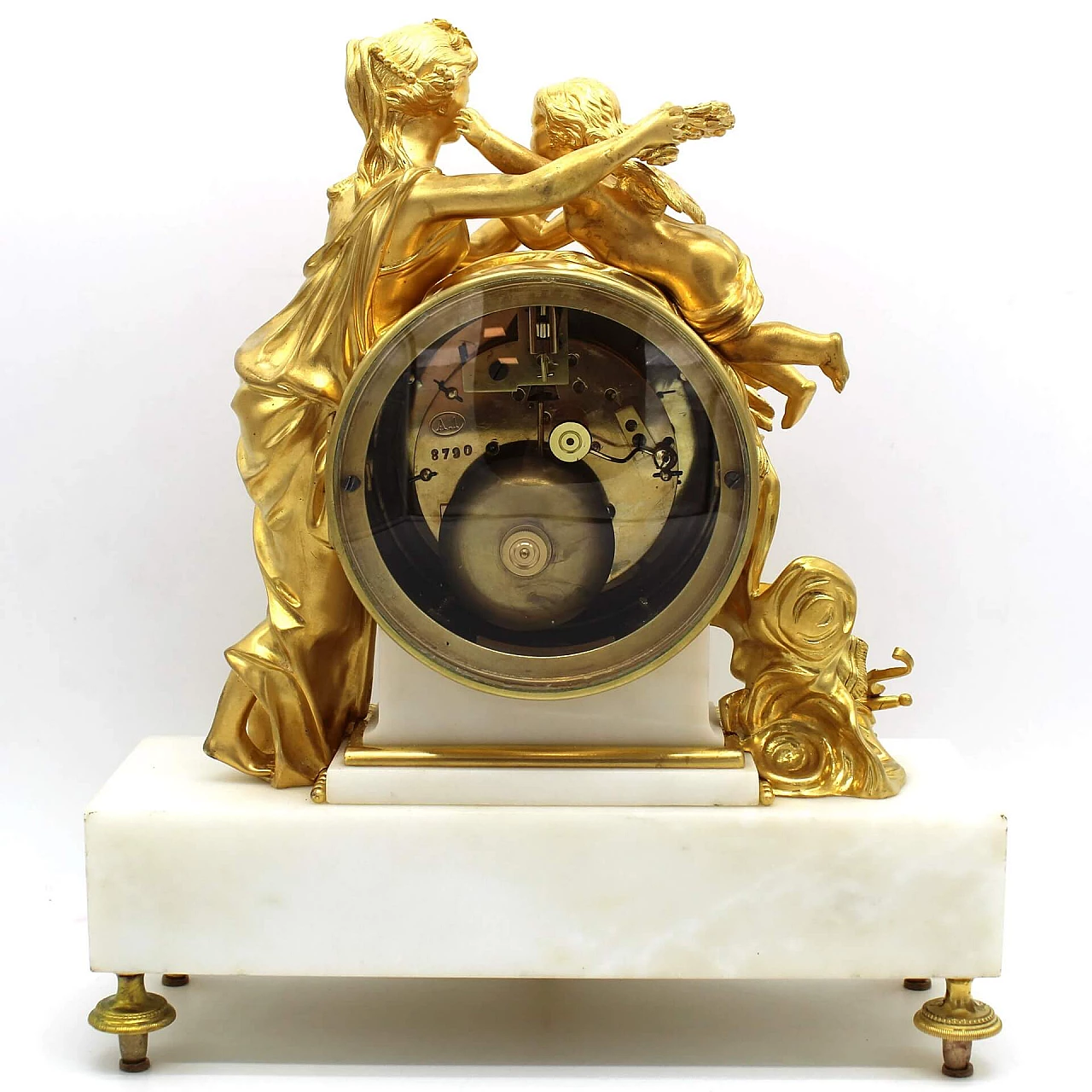 Orologio a pendolo Napoleone III in bronzo dorato e marmo bianco di Carrara, '800 1336761