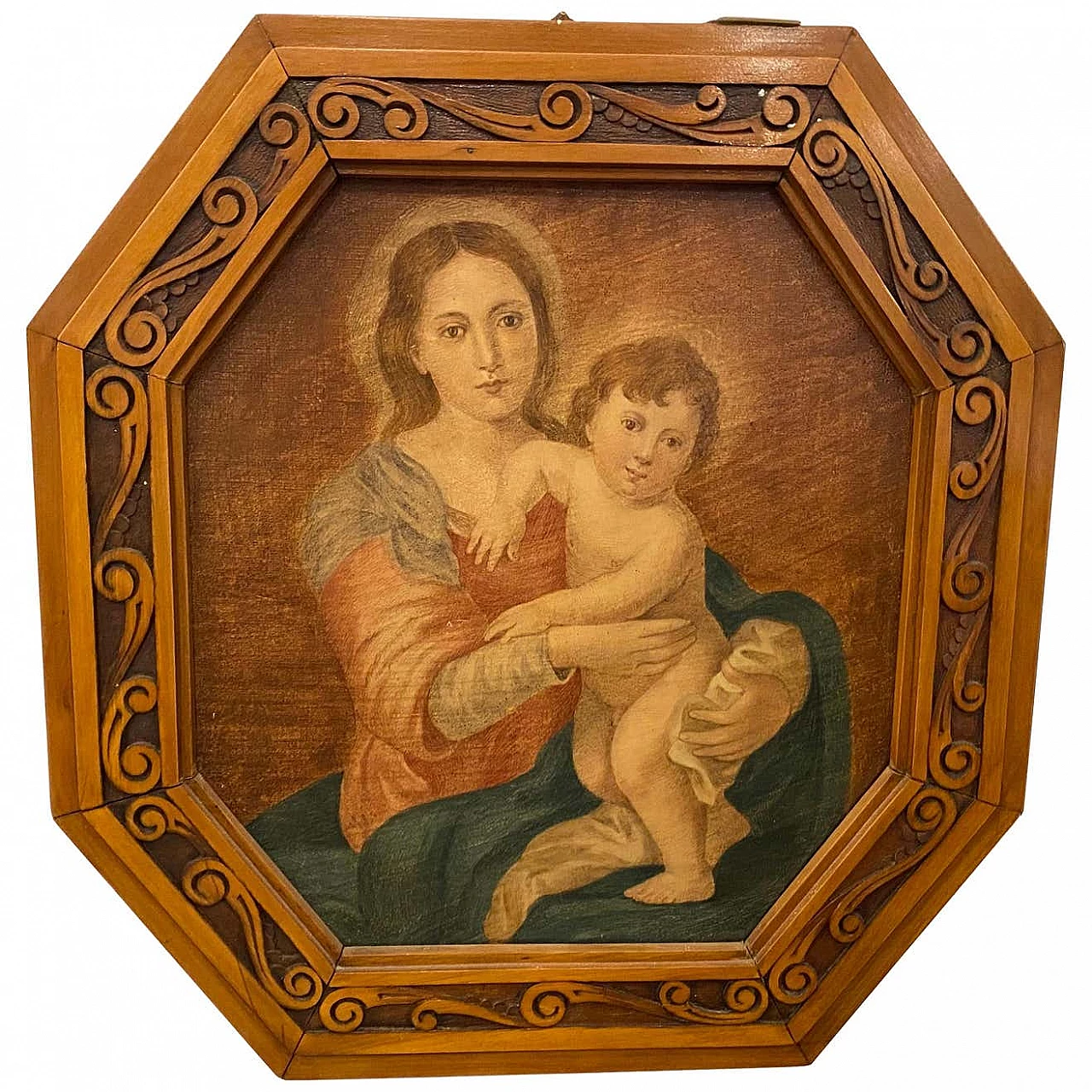 Art Nouveau octagonal painting oil on canvas depicting a Madonna with Jesus Child, 10s 1336812