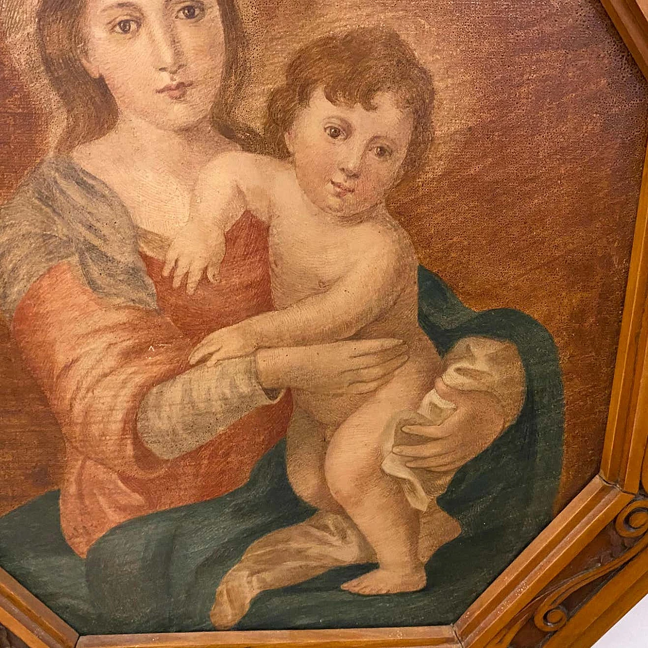 Art Nouveau octagonal painting oil on canvas depicting a Madonna with Jesus Child, 10s 1336816