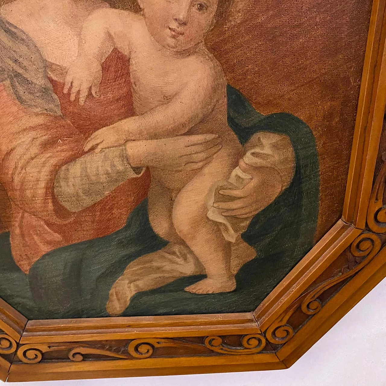 Art Nouveau octagonal painting oil on canvas depicting a Madonna with Jesus Child, 10s 1336817