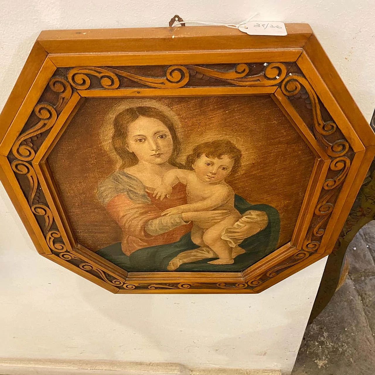 Art Nouveau octagonal painting oil on canvas depicting a Madonna with Jesus Child, 10s 1336818