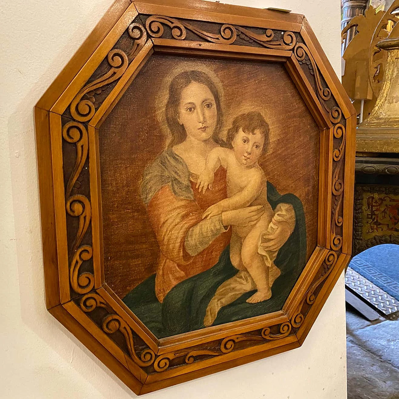 Art Nouveau octagonal painting oil on canvas depicting a Madonna with Jesus Child, 10s 1336821