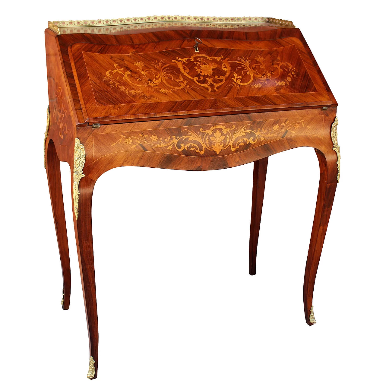 Ribalta Napoleone III intarsiata in bois de rose, mogano e palissandro con bronzi dorati, '800 1337049