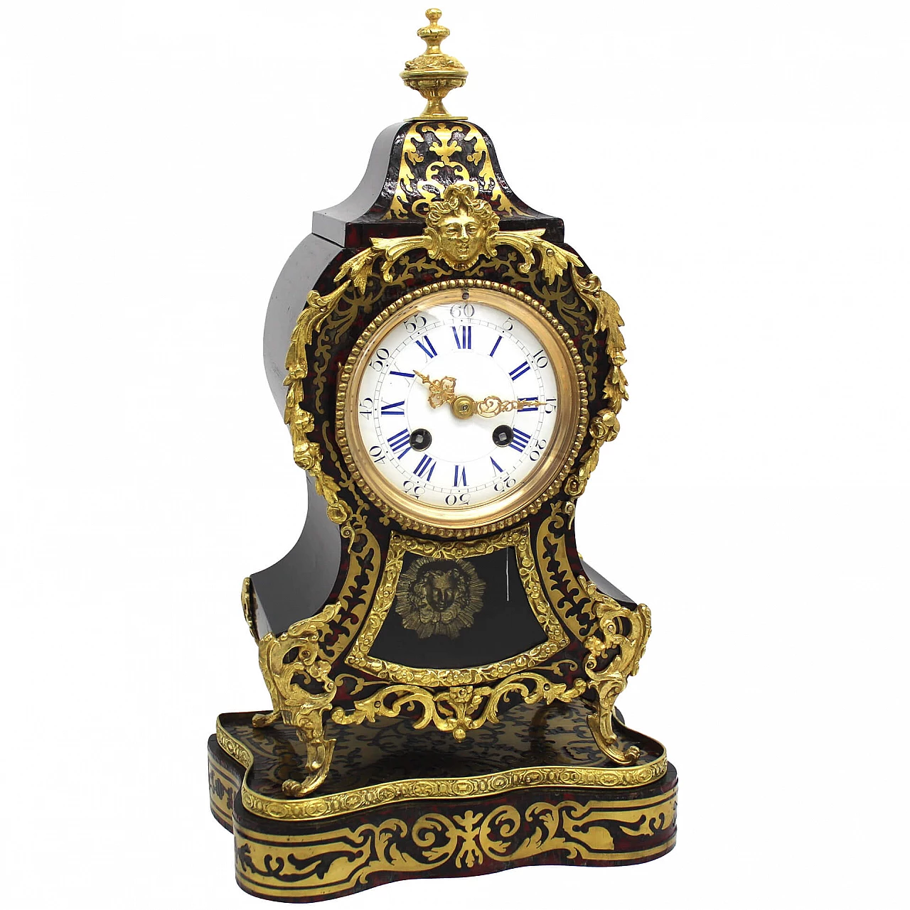 Orologio a pendolo Cartel intarsiato Boulle in tartaruga, ottone, legno ebanizzato e bronzi dorati, '800 1337741