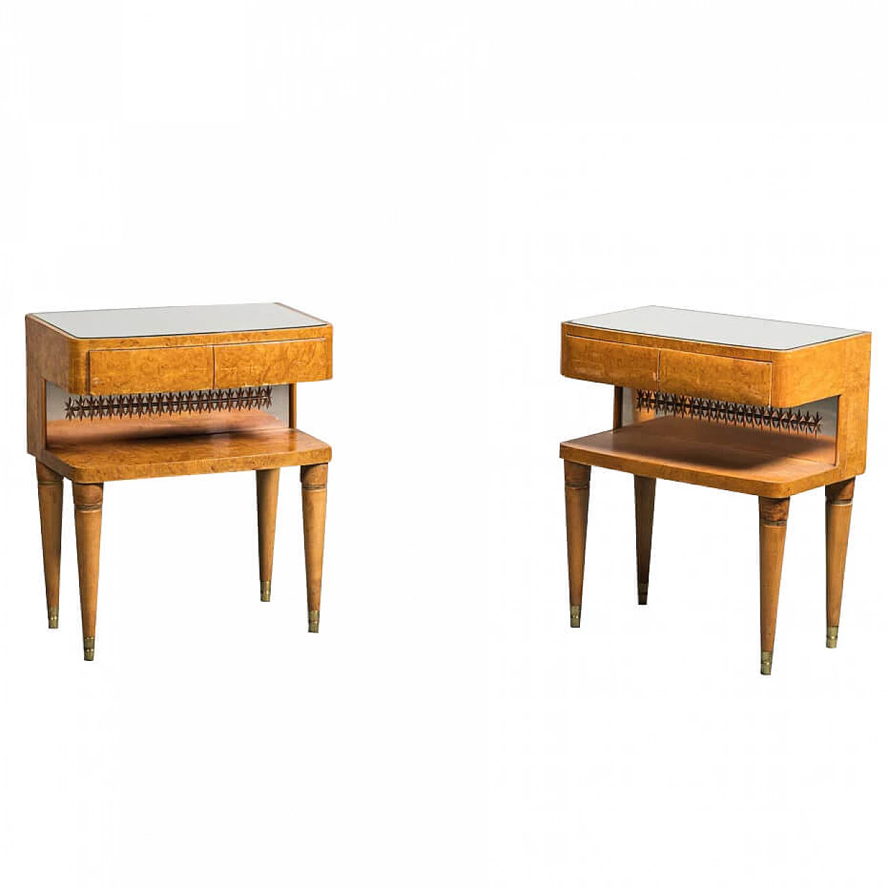 Pair of wooden bedside tables with mirrored glass top, 1940s 1337763