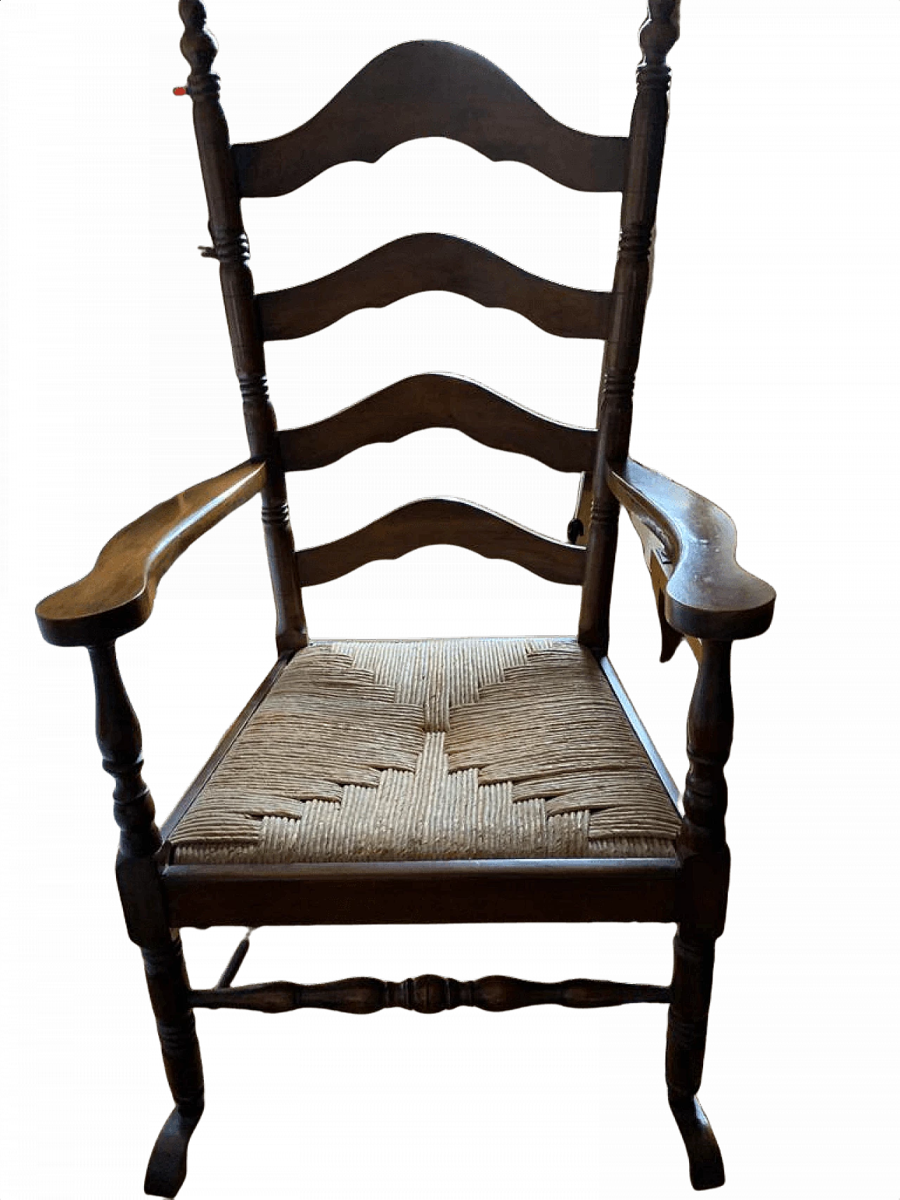 Sedia a dondolo in legno con seduta in paglia, anni '50 1337805