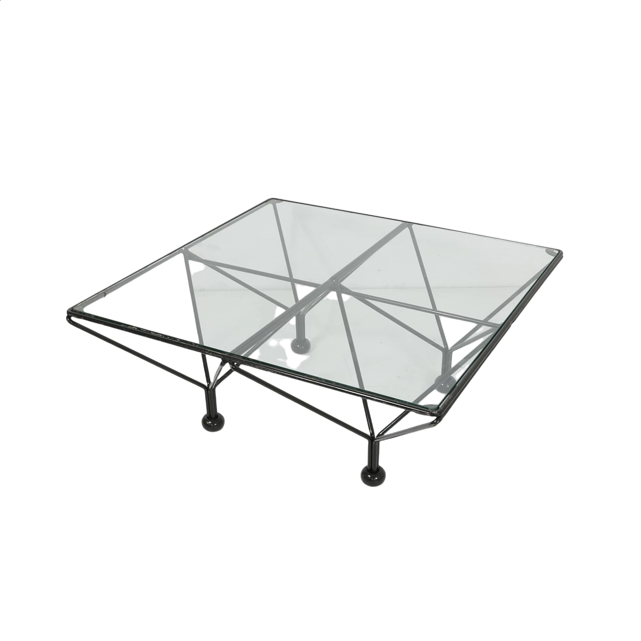 Tavolino con struttura in metallo verniciato e piano in vetro, anni '70 1337863