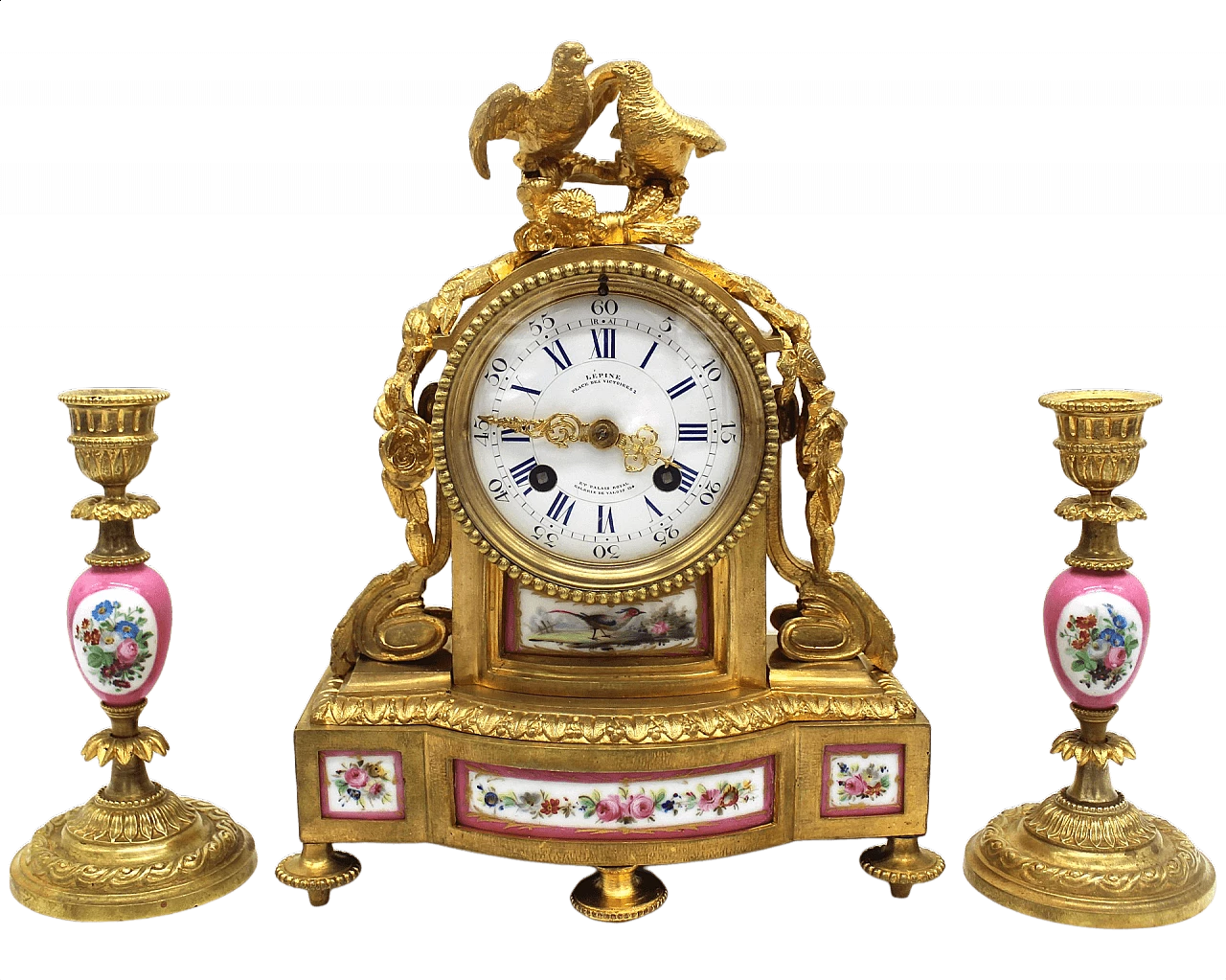 Napoleon III pendulum clock with pair of candlesticks in gilt bronze and porcelain, 19th century 1338719