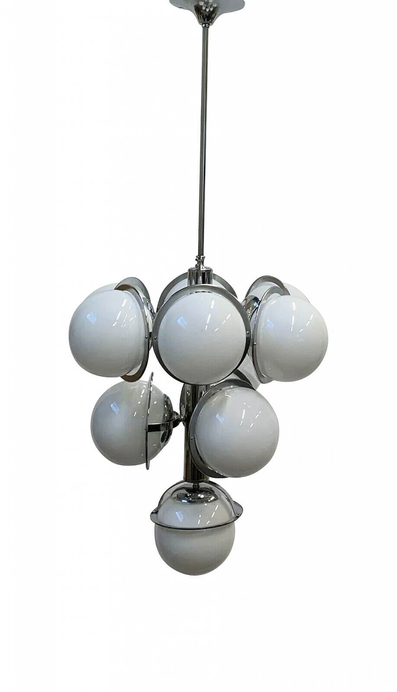 Chandelier with spheres in Murano glass and structure in iron and steel attributable to Reggiani, 60s 1338754