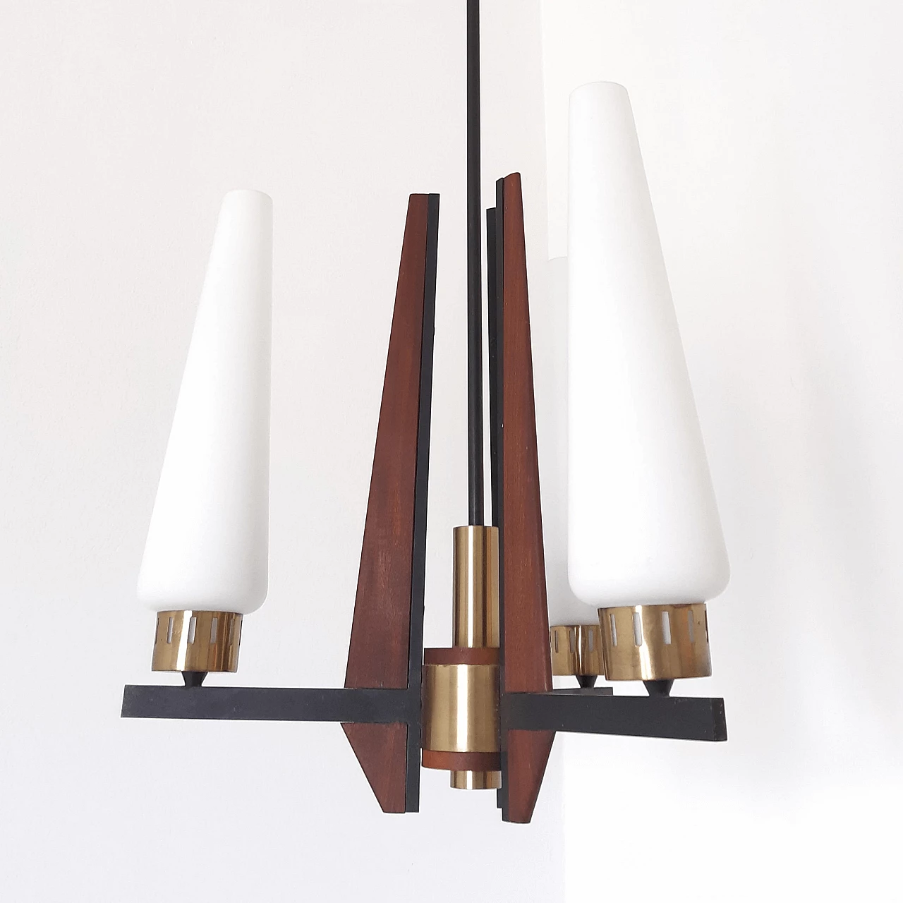 Glass, metal and teak chandelier, Stilnovo style, 1950s 1339827