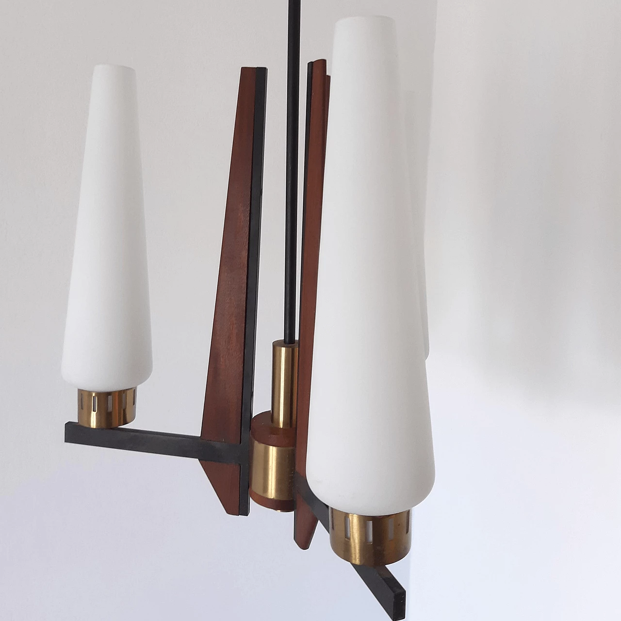 Lampadario in vetro, metallo e teak stile Stilnovo, anni '50 1339831