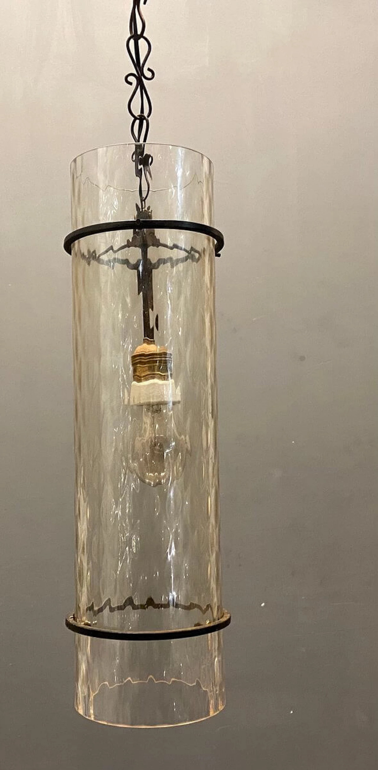 Lampadario da soffitto in ferro battuto e vetro di Murano, anni '50 1340321