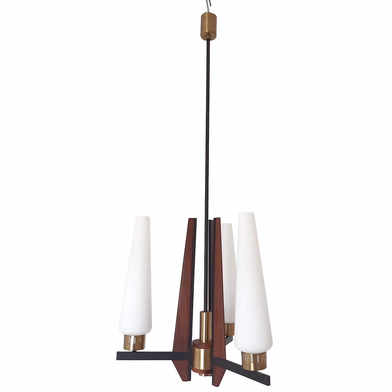 Glass, metal and teak chandelier, Stilnovo style, 1950s 1340323