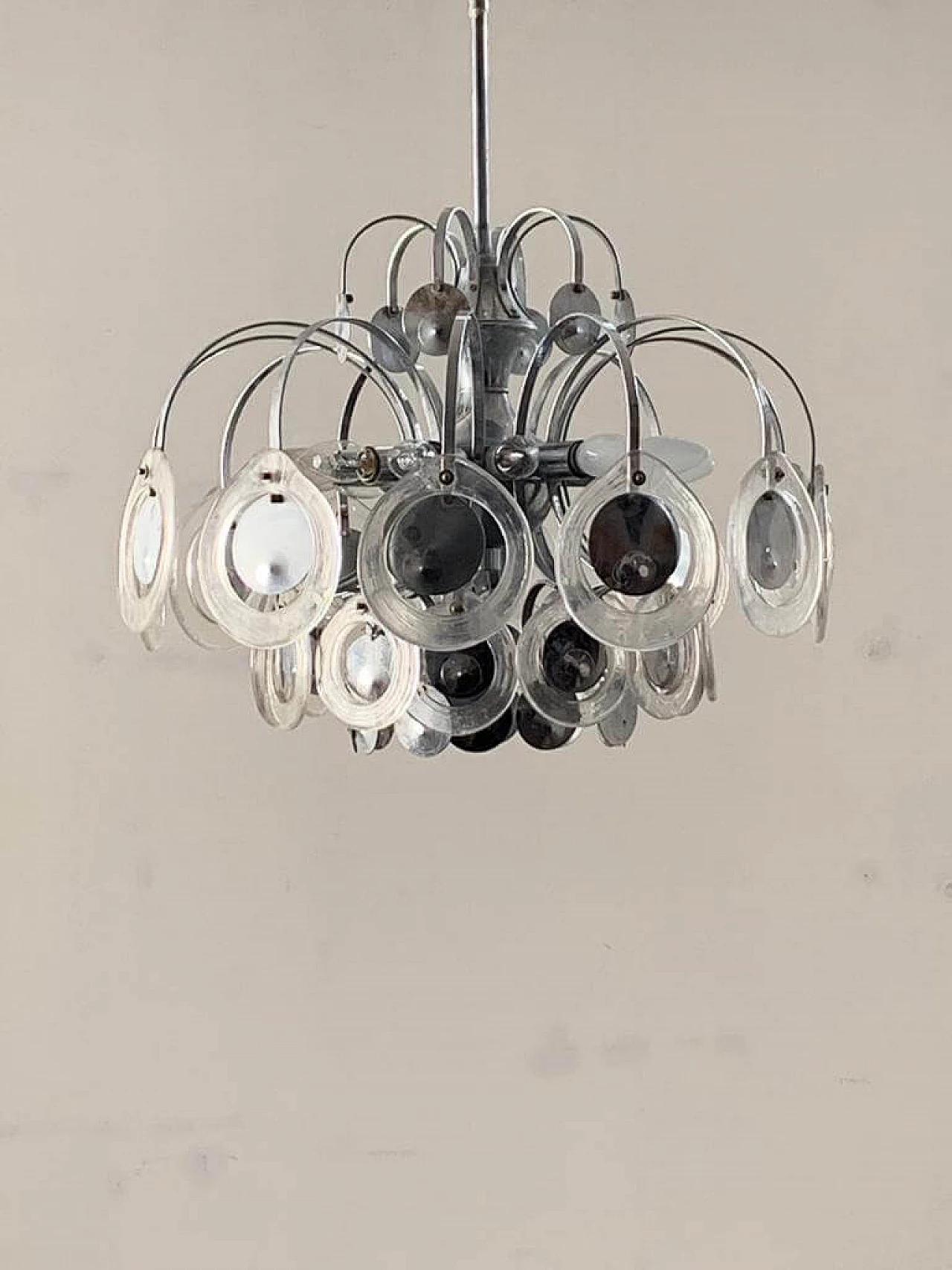 Disc chandelier in steel and fused glass, 70s 1341025