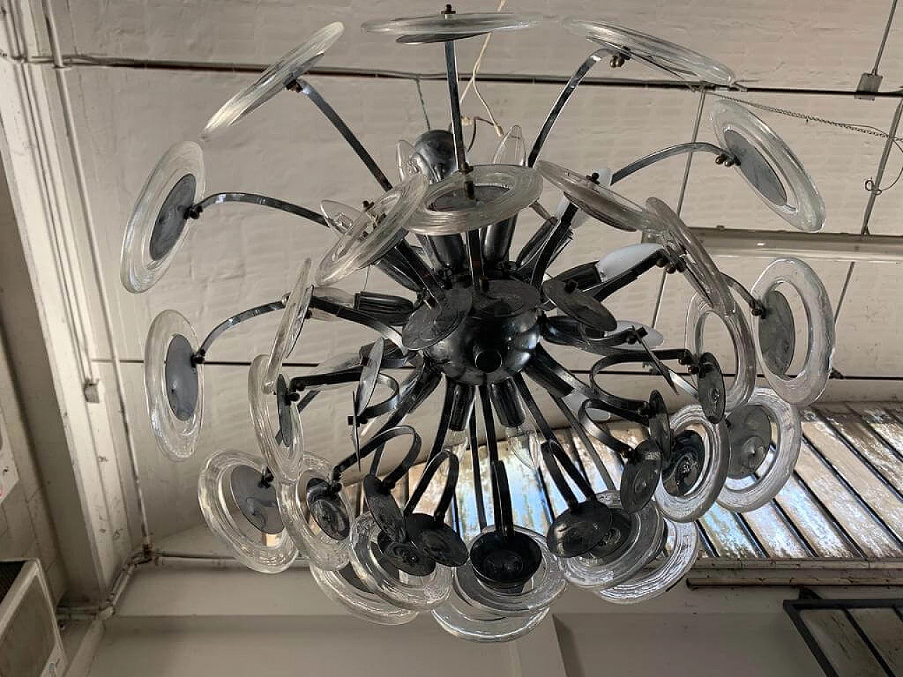 Disc chandelier in steel and fused glass, 70s 1341031