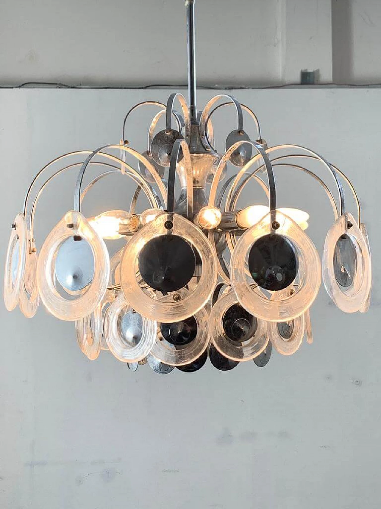 Disc chandelier in steel and fused glass, 70s 1341033