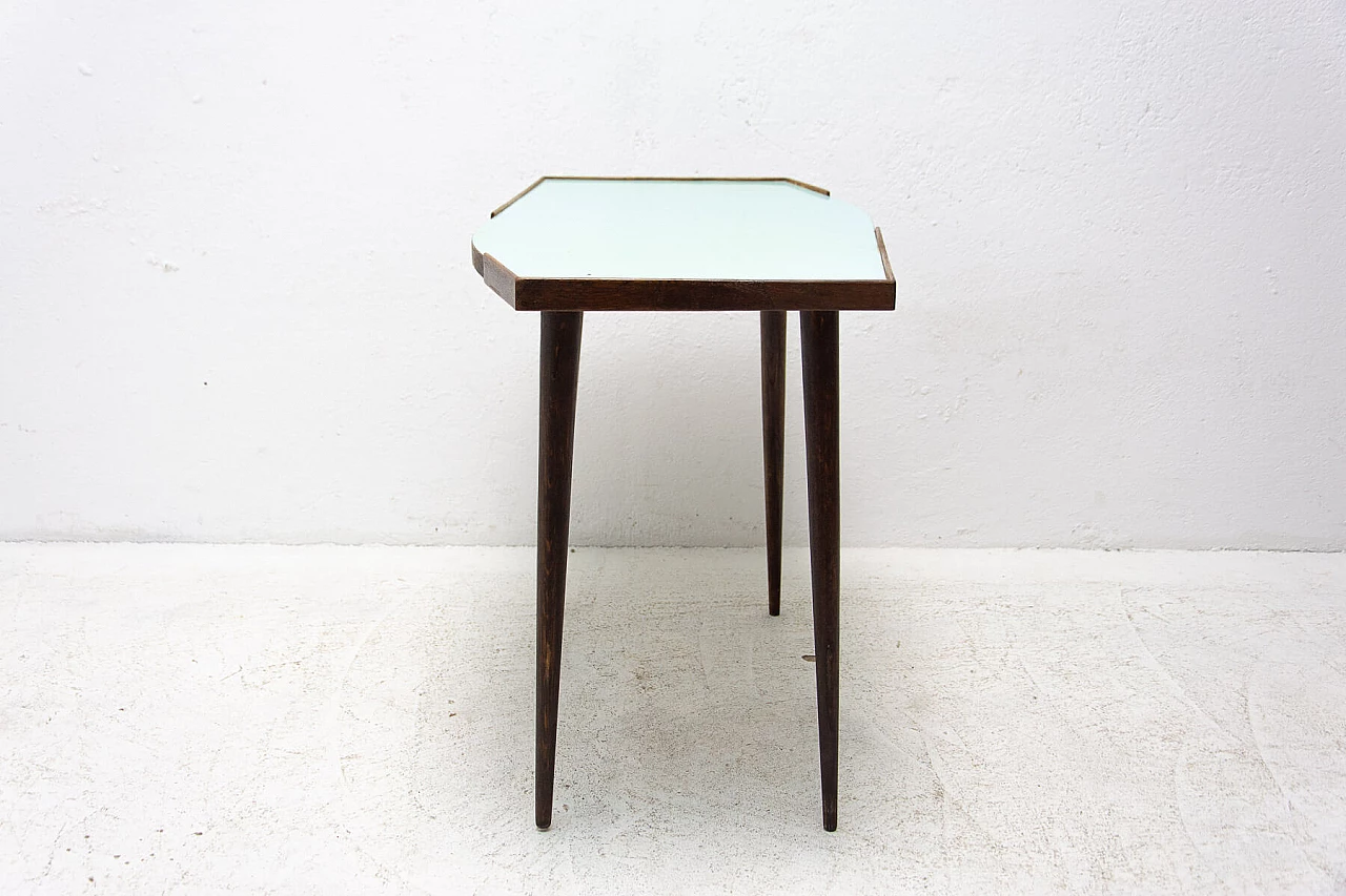 Tavolino in faggio con piano in vetro opaxite, anni '50 1342063