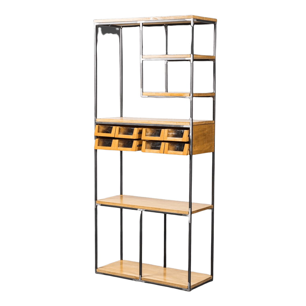 Industrial bookcase in wrought iron and wood, 70s intOndo