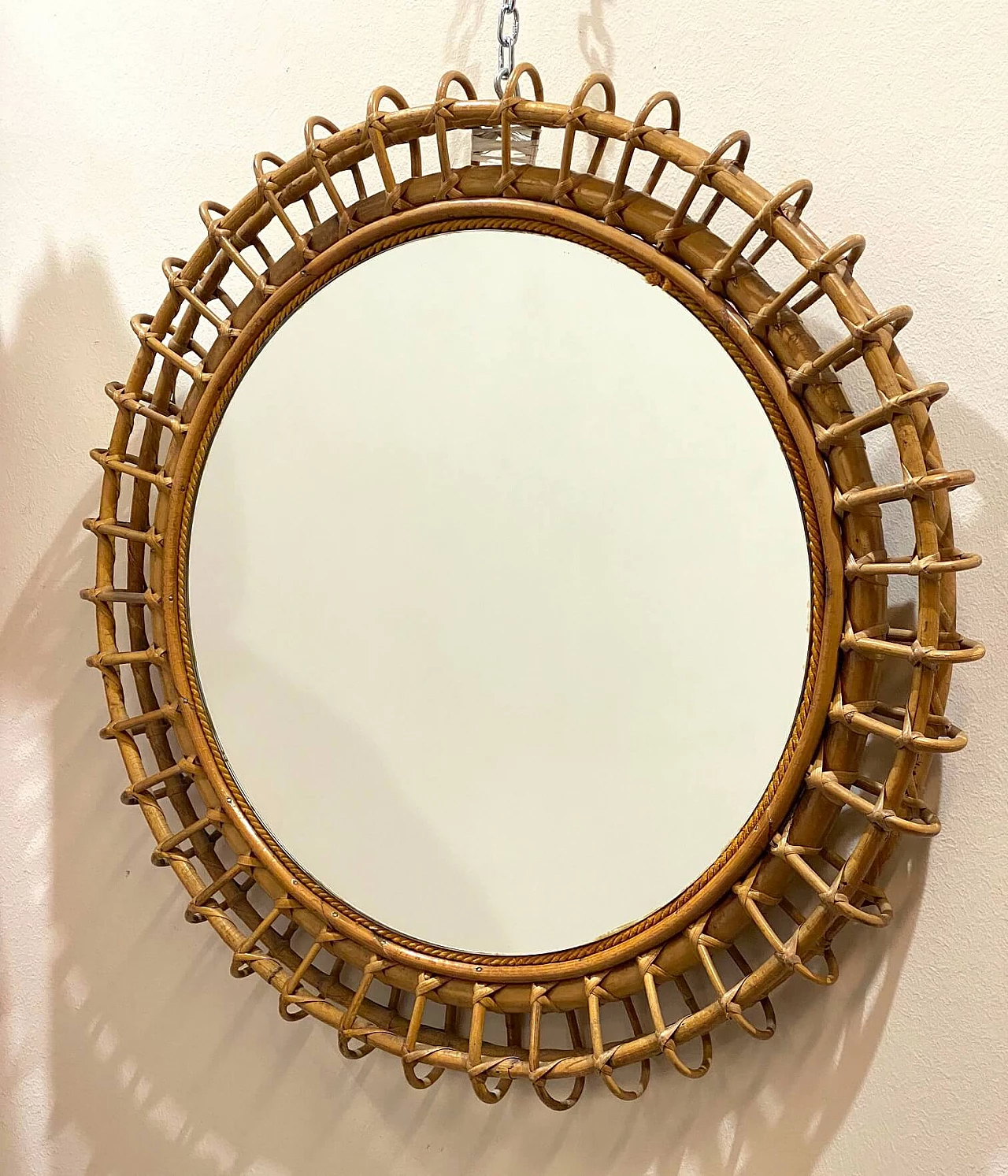 Round mirror in bamboo and wicker, 1970s 1342937