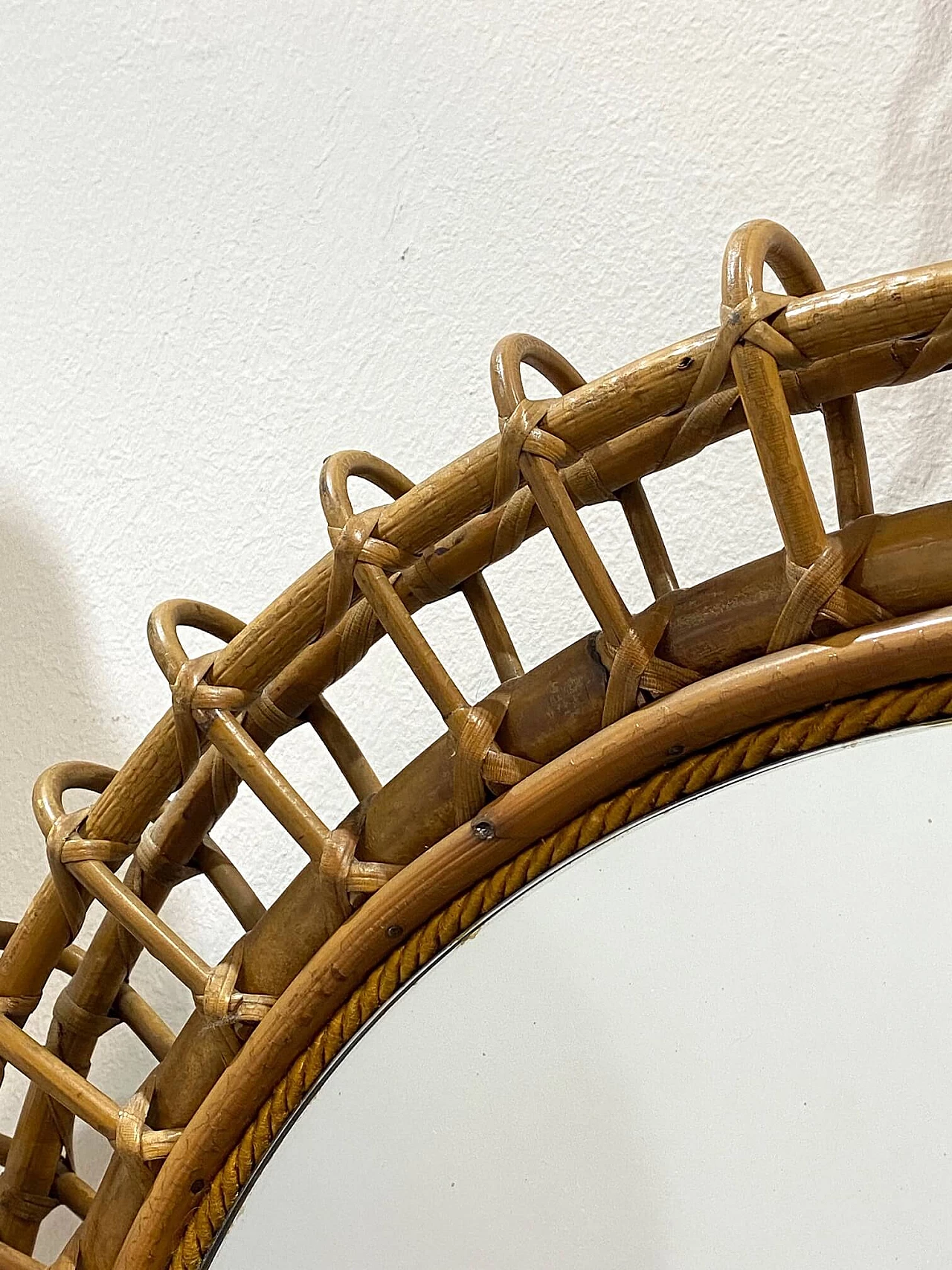 Round mirror in bamboo and wicker, 1970s 1342949